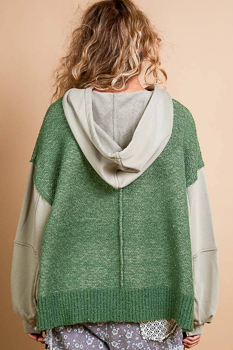 Green/Taupe Oversize Balloon Sleeve Flower Solid Sweater