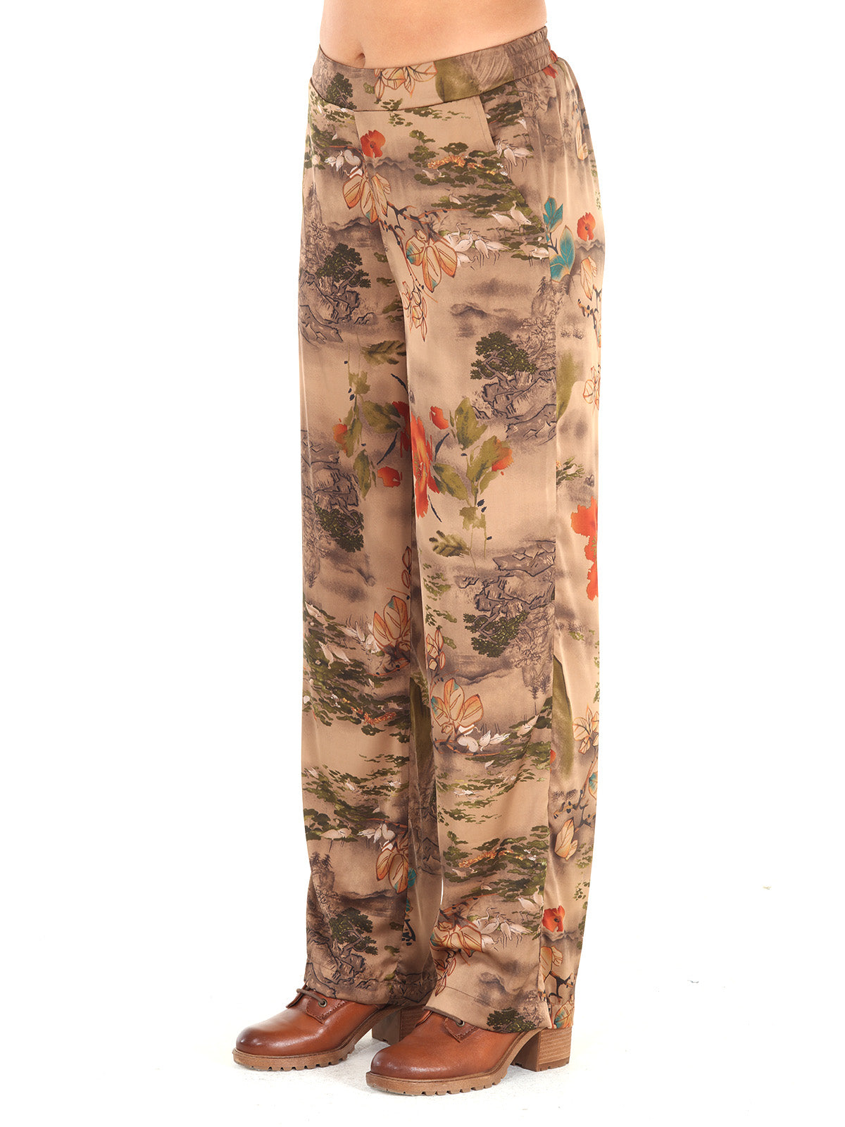 Satin Vintage Landscape Print Pants