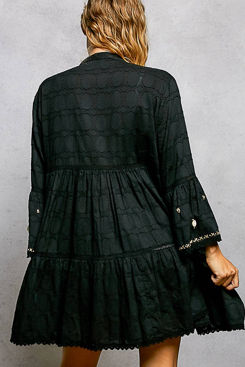 Stitch Bead Detail Trim V-Neck Woven Roomy Fit Dress