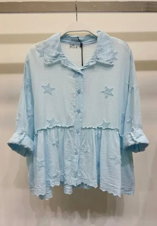 Blue Cotton Embroidered Star Top