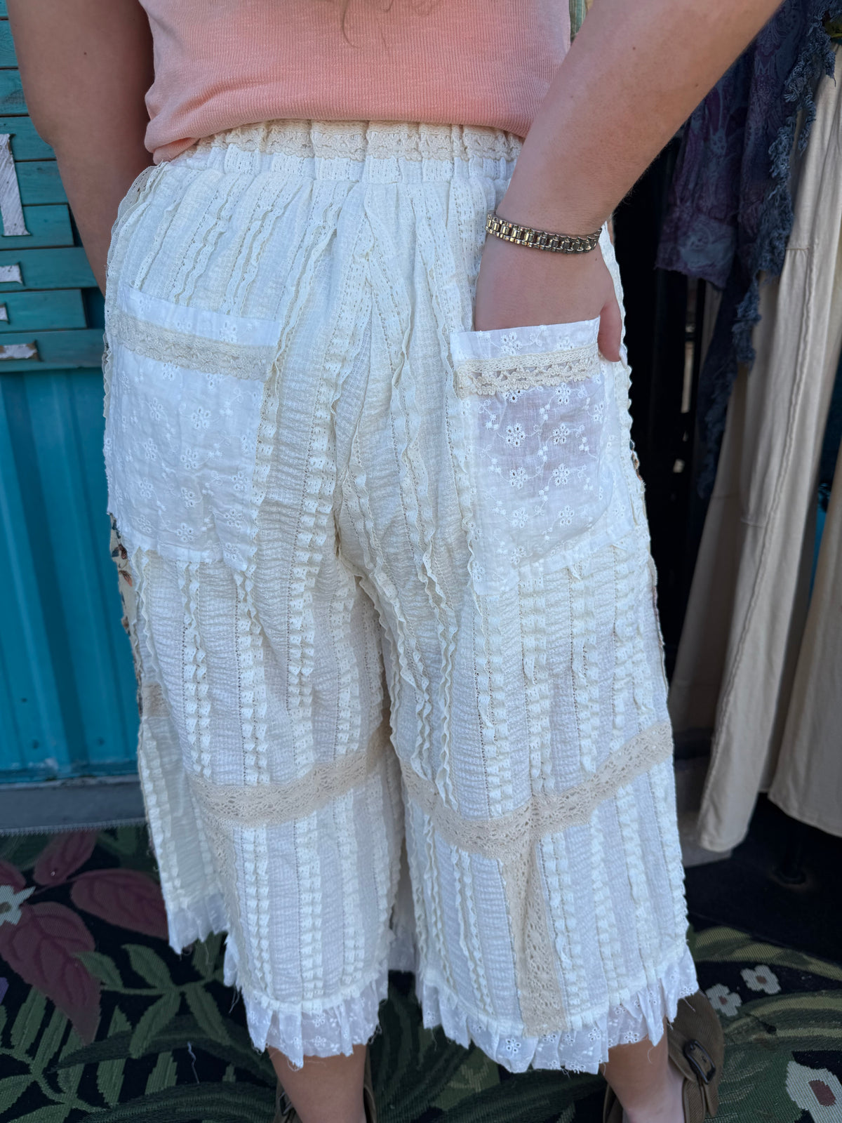 Lace Print Patch Eyelet Ruffle Wide Leg Pants