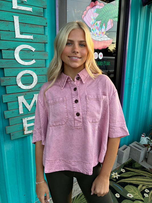 Washed Denim Cropped Utility Shirt