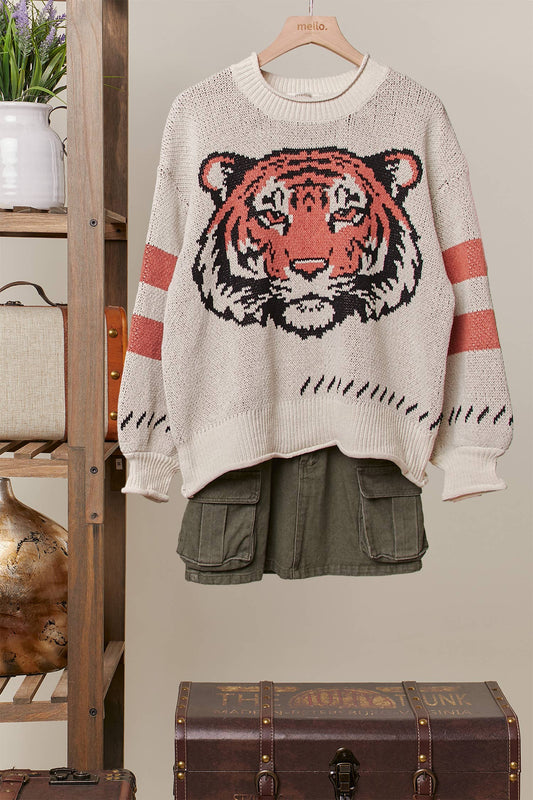 Tiger Embroidery Round Neck Sweater