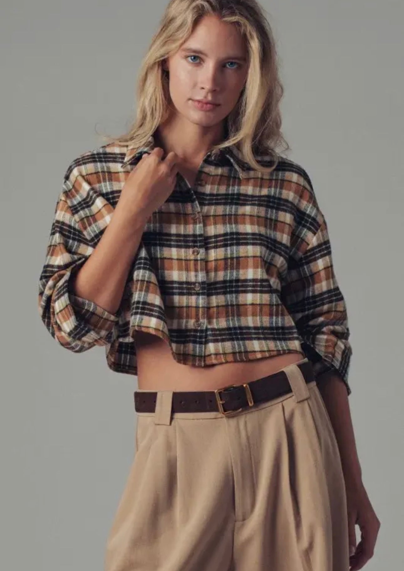 Cropped Plaid Button Up Flannel Shirt