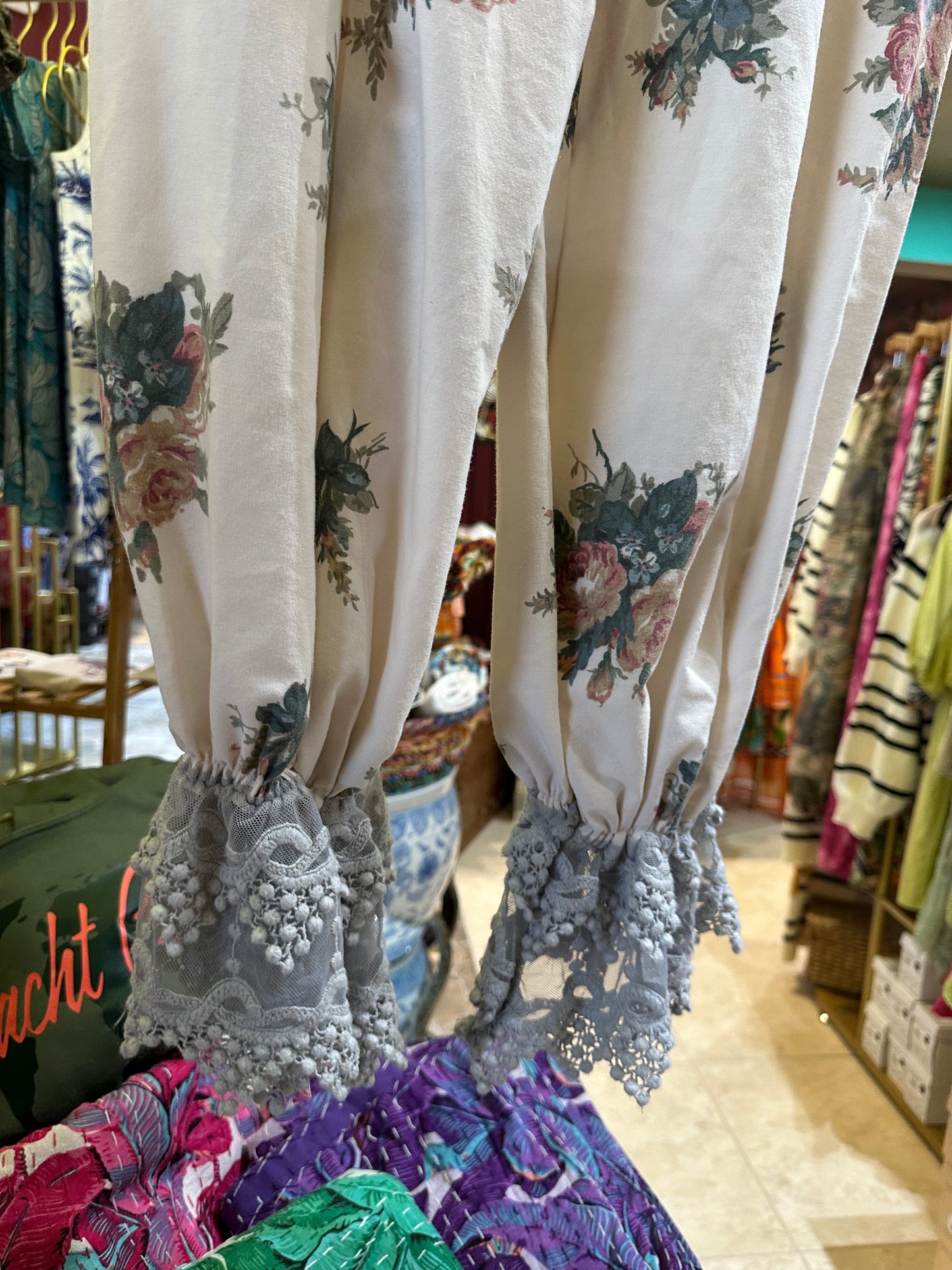 Peony Rose Floral Print Blue Lace Trim Bloomer Pants