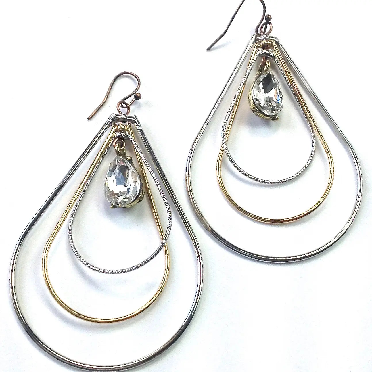 Triple Tear Hoop Dangle Earrings with Crystal Drop