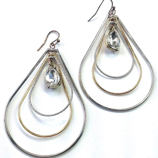 Triple Tear Hoop Dangle Earrings with Crystal Drop