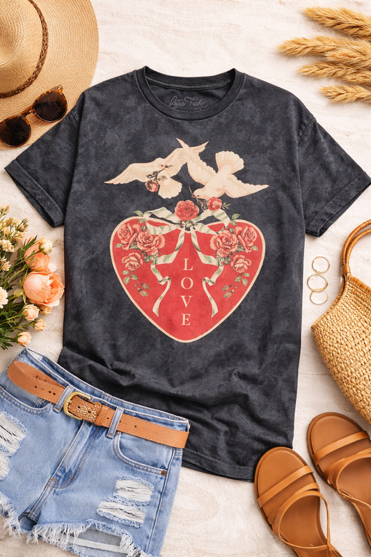 Love Birds Vintage Black Graphic T-Shirt