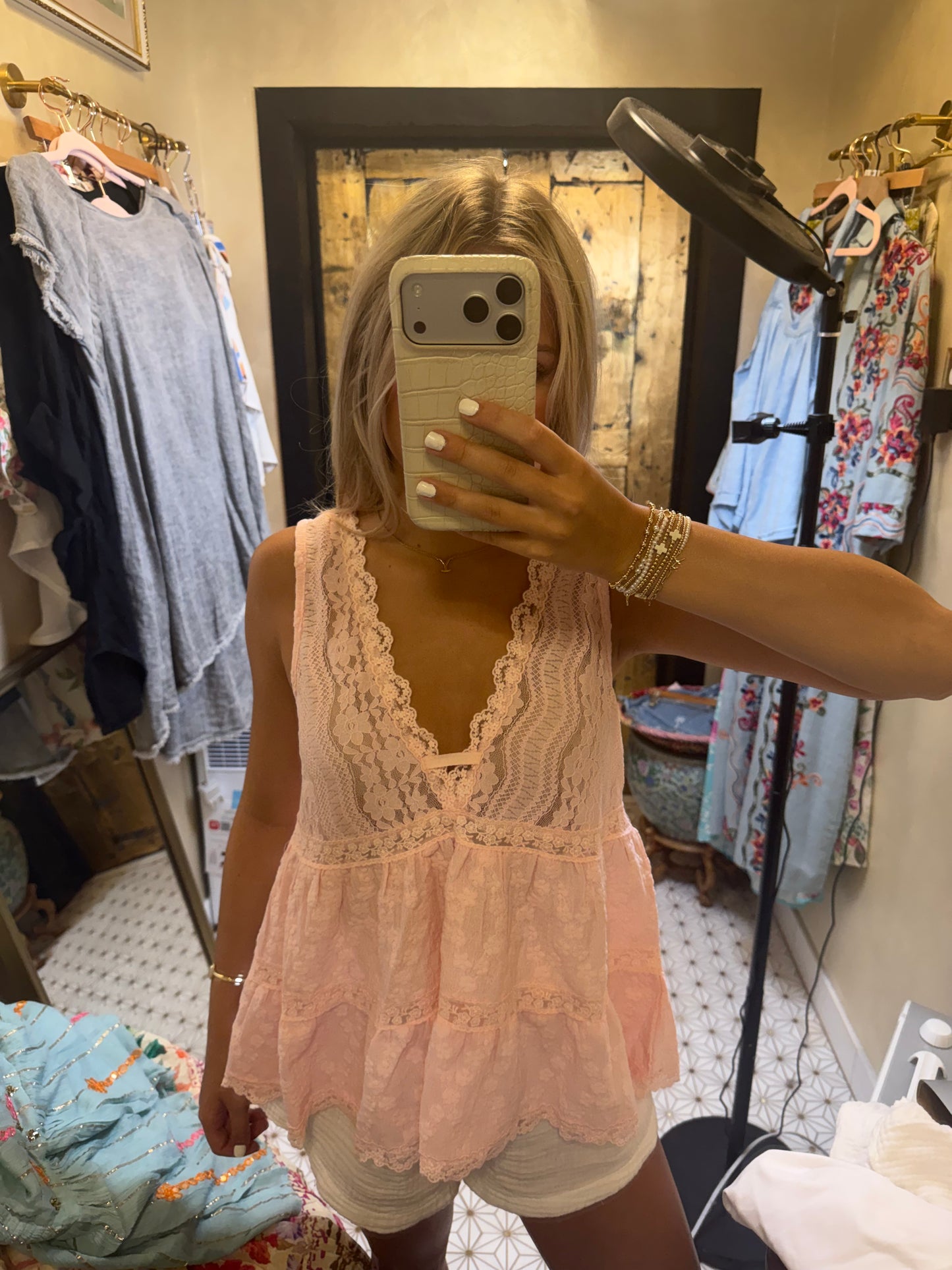 Sleeveless Deep V-neck Lace Trim Knit Top
