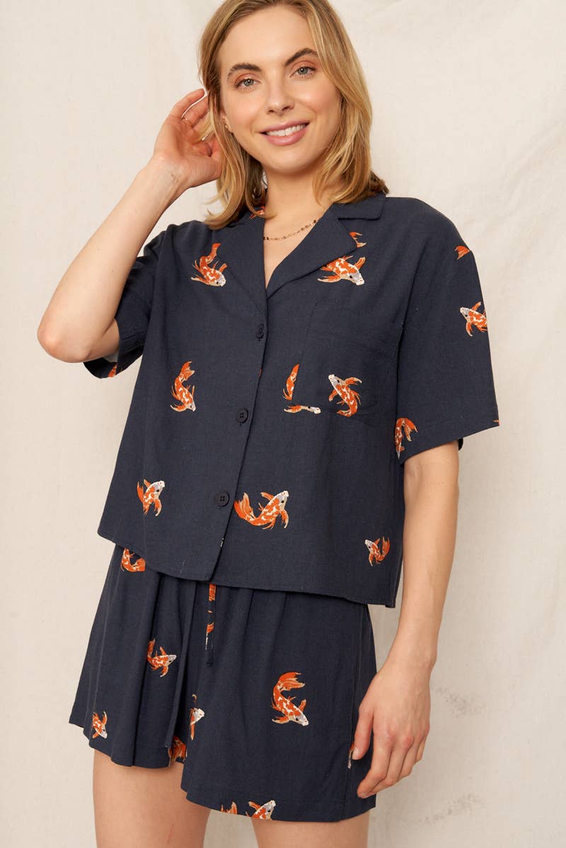 Koi Fish Print Short Sleeve Button Down Shirt