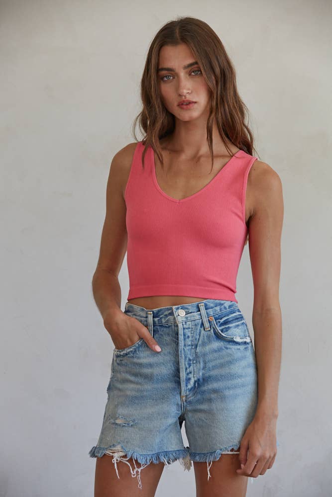 Bubble Gum Pink Seamless Ribbed U-V Neck Crop Tank Top