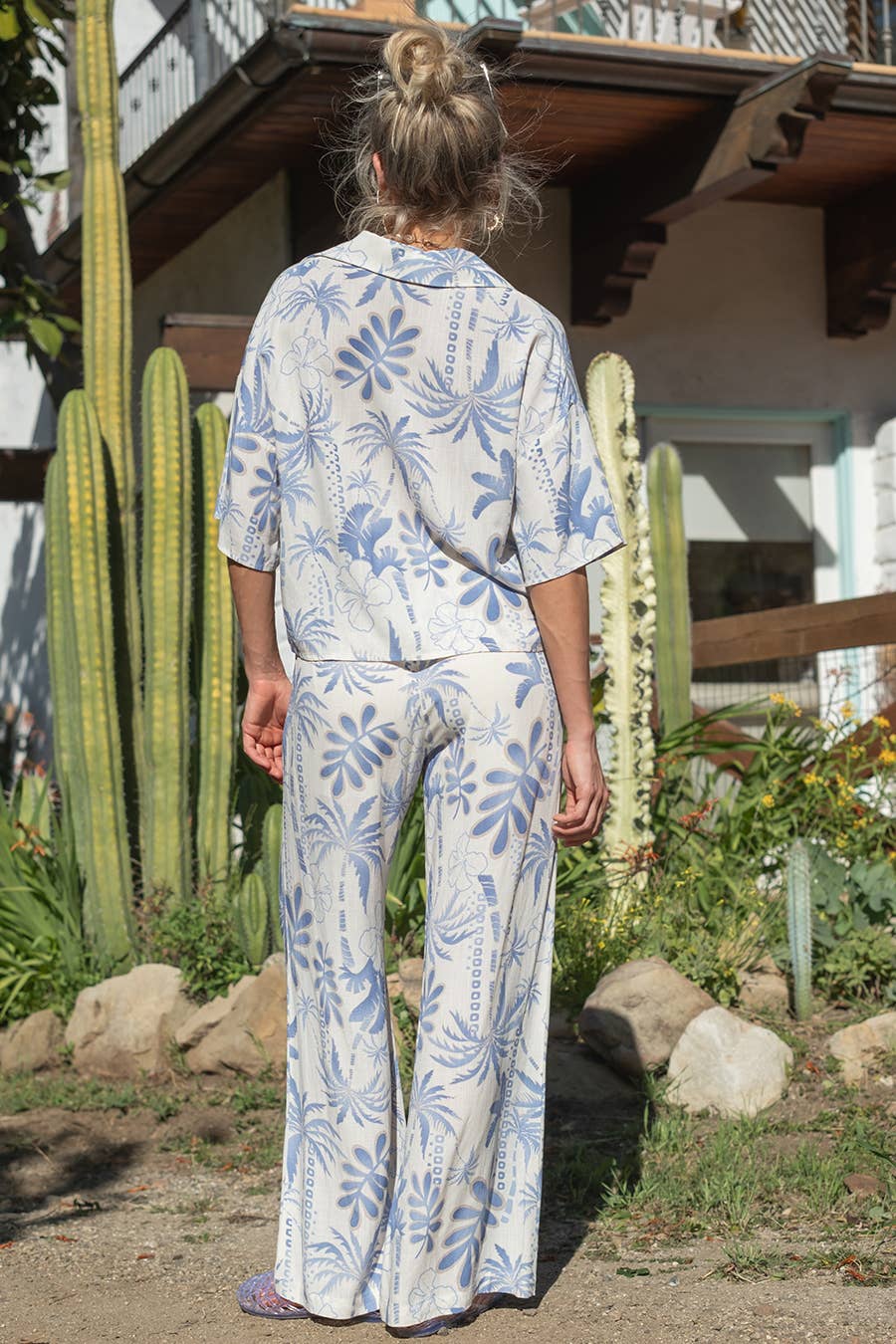 Blue and White Palm Tree Shirt Top and Pant Set