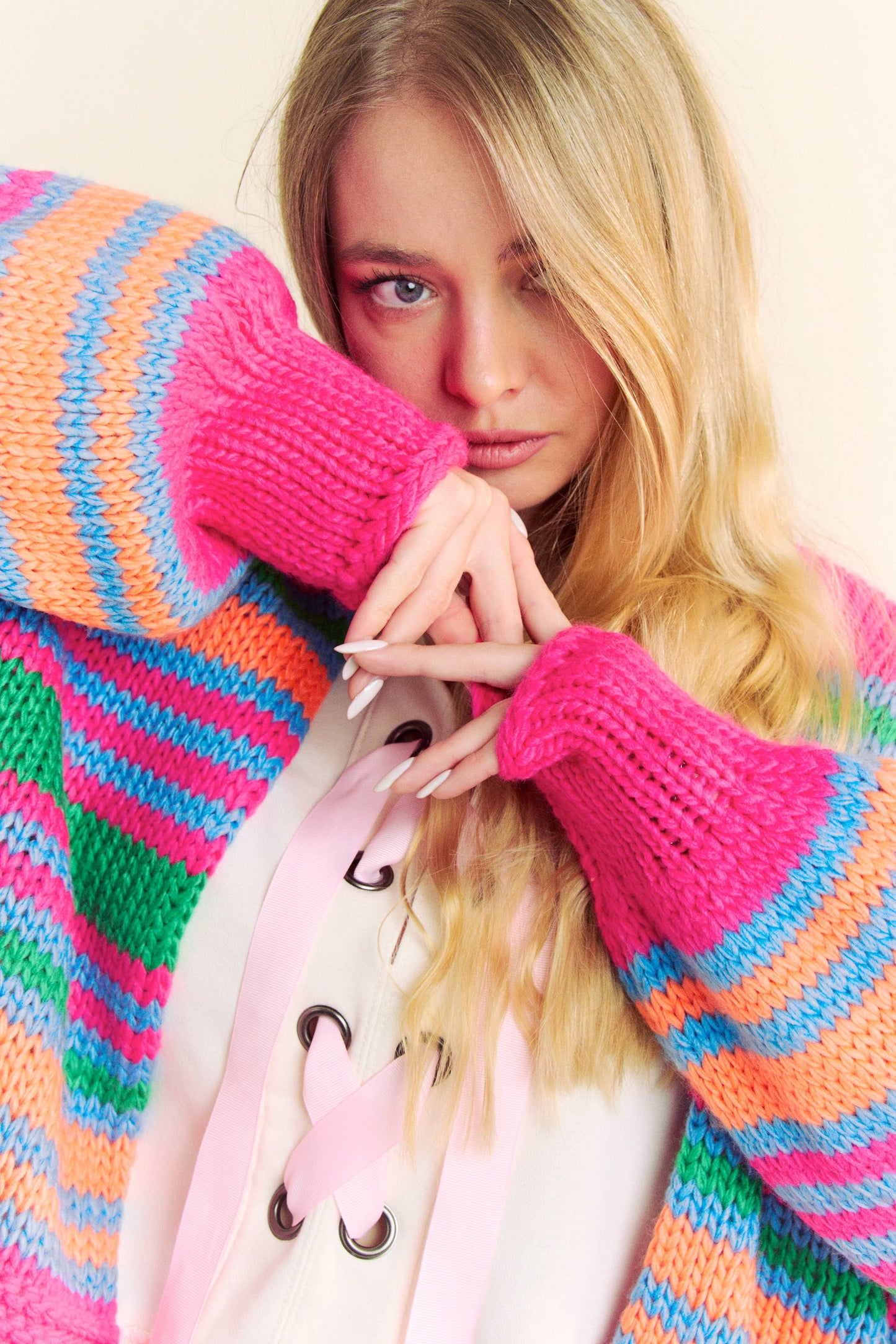 Chunky Striped Open-Front Cardigan