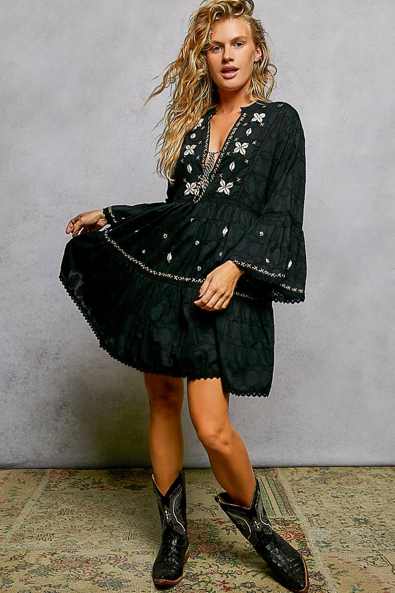 Stitch Bead Detail Trim V-Neck Woven Roomy Fit Dress