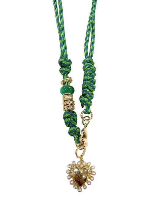 Green Rope Necklace with Pearl Heart Charm