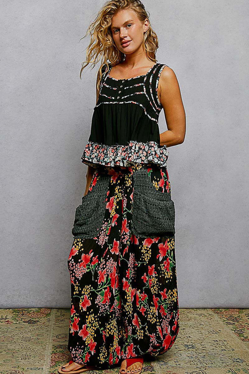 Square Neck Jersey Floral Trim Boho Tank Top