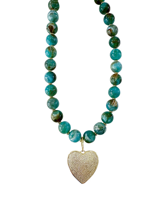 Green Beaded Necklace with Leah Heart