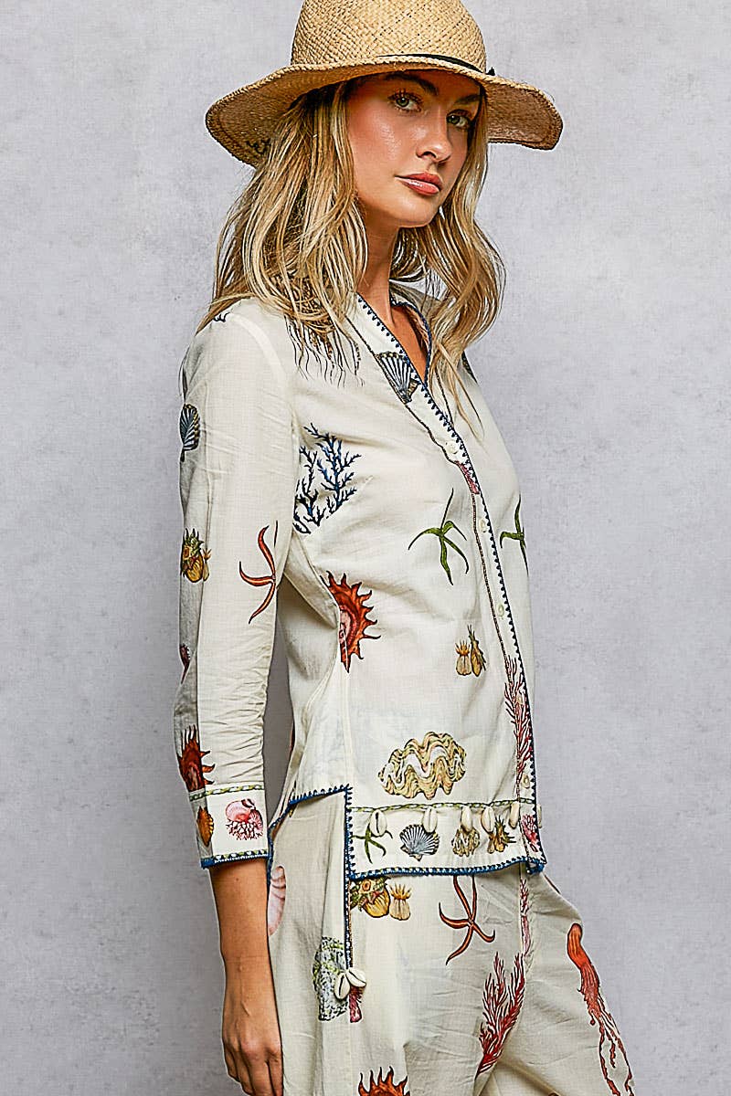 Sea Contrast Stitch Shell Trim Shirt Top