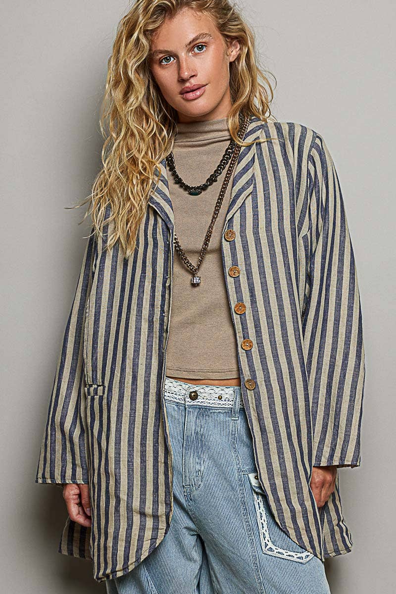 Stripe Pattern Asymmetrical Hem Lapel Style Woven Jacket