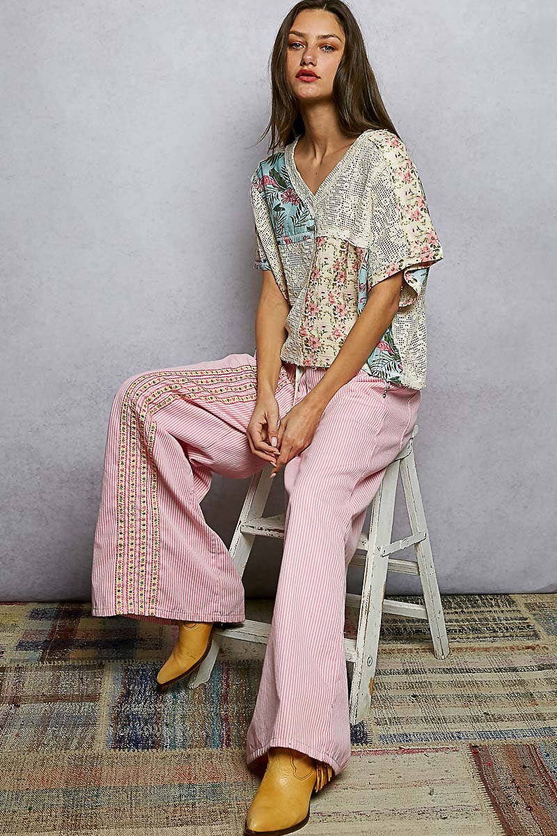 V-Neck Lace See Through Double Gauze Blouse