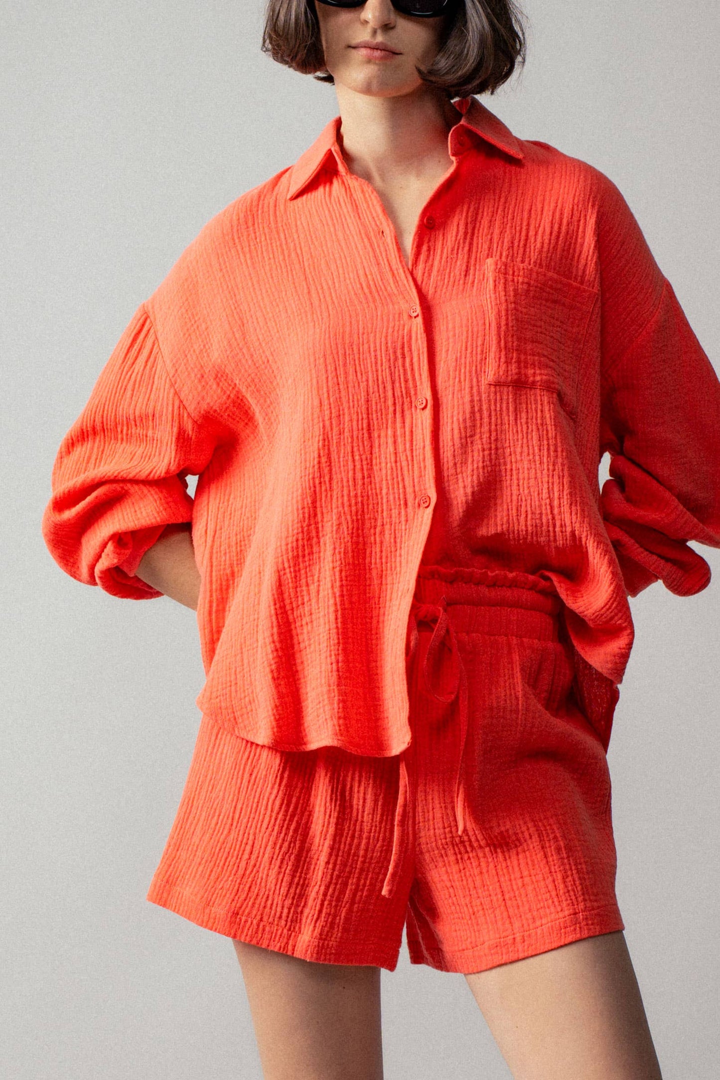 Coral Crinkle Cotton Gauze Resort Button-Up Set
