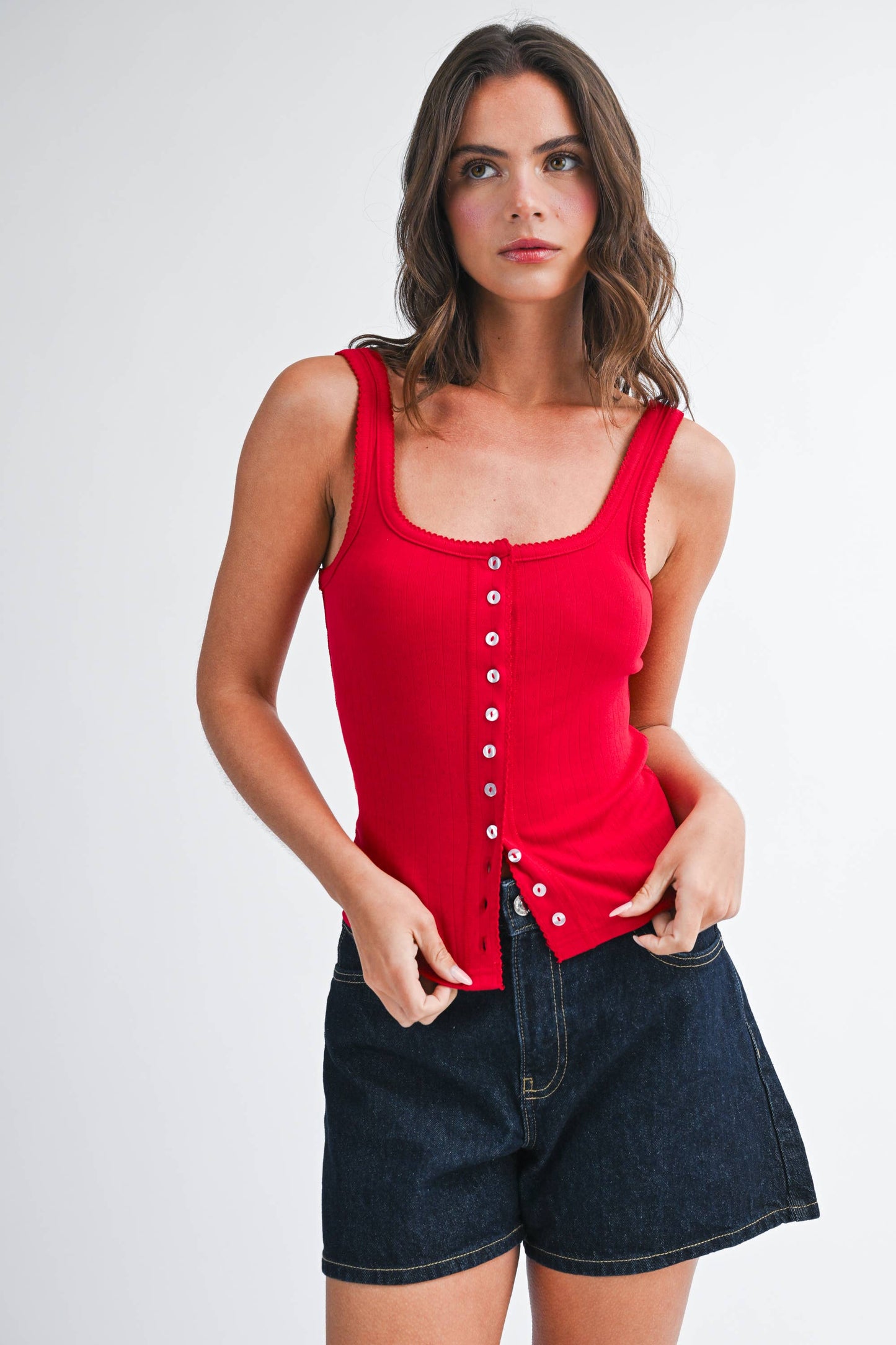 Pointelle Button Front Cami Tank