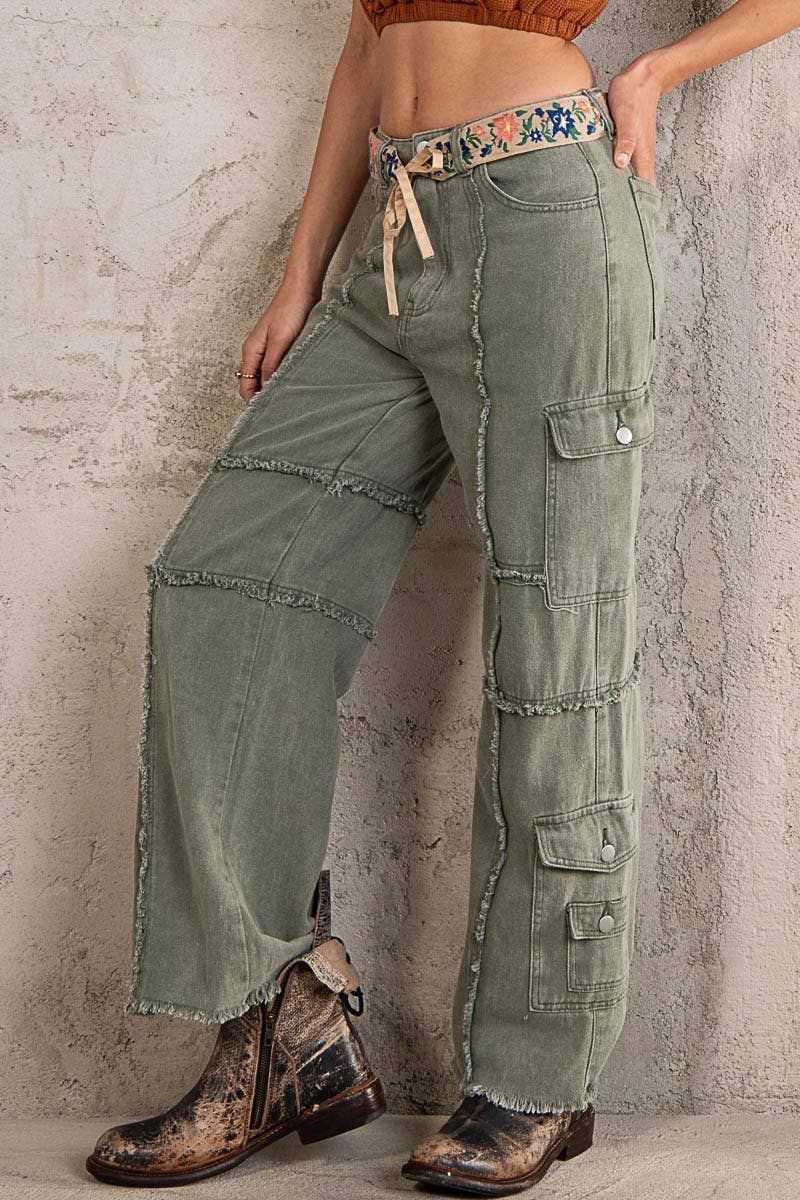 Army Green Outseam Detailing Multi Pocket Baggy Cargo Twill Pants