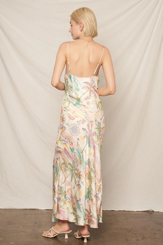 Beach Print Silk Cowl Neck Dress