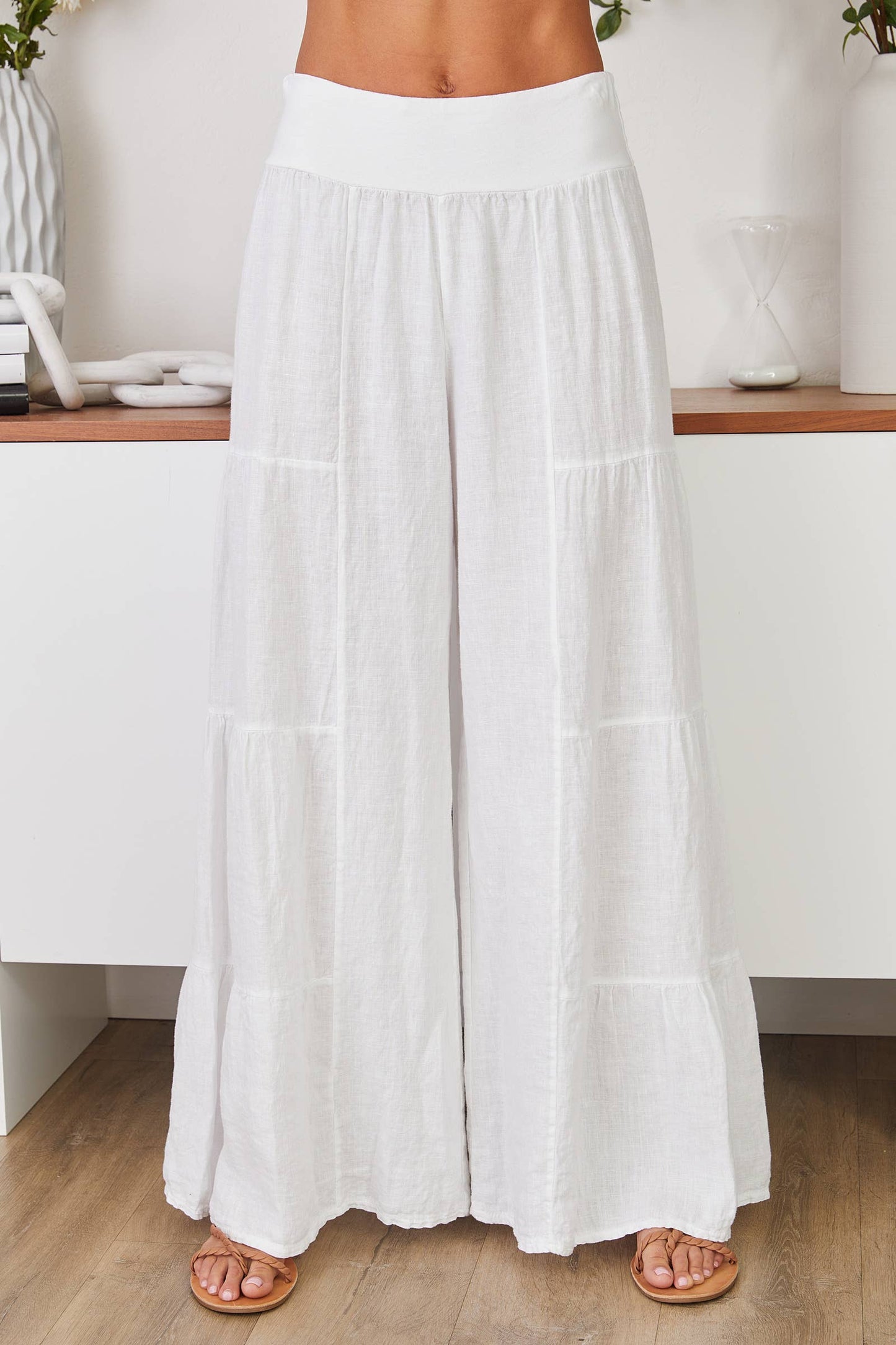 WHITE LINEN TIERED PALAZZO PANT