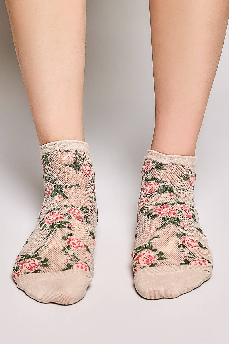Allover Floral Print Classic Ribbed Cuff Knit Crew Socks