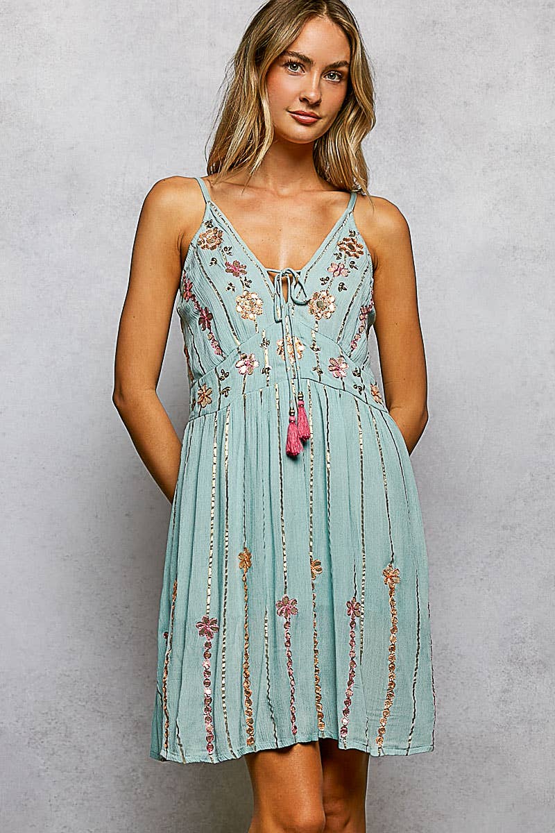Boho Smocking Mirror Embroidery V-Neck Sleeveless Dress