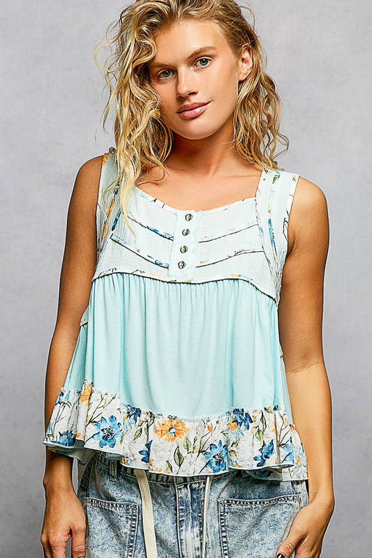 Square Neck Jersey Floral Trim Boho Tank Top
