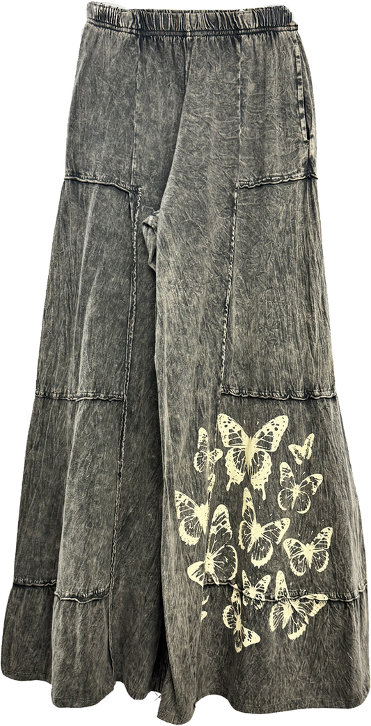 100% Cotton Tiered Wide Leg Pants w/Butterflies in 2 Colors