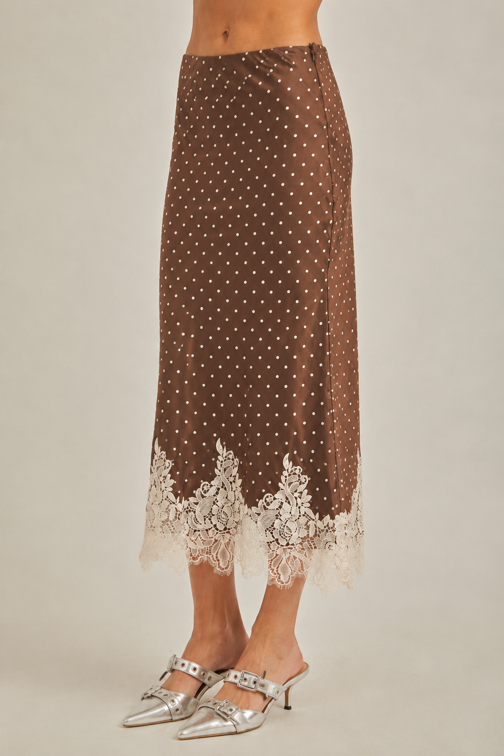 Polkadot with lace hem fit & flare bias midi skirt