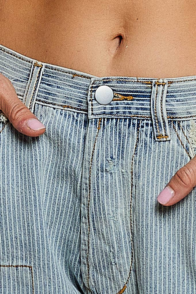 High Rise Ankle Length Distressed Pinstripe Jeans