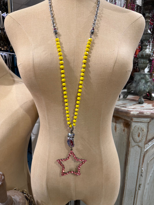 Yellow Bead And Pink Star Necklace