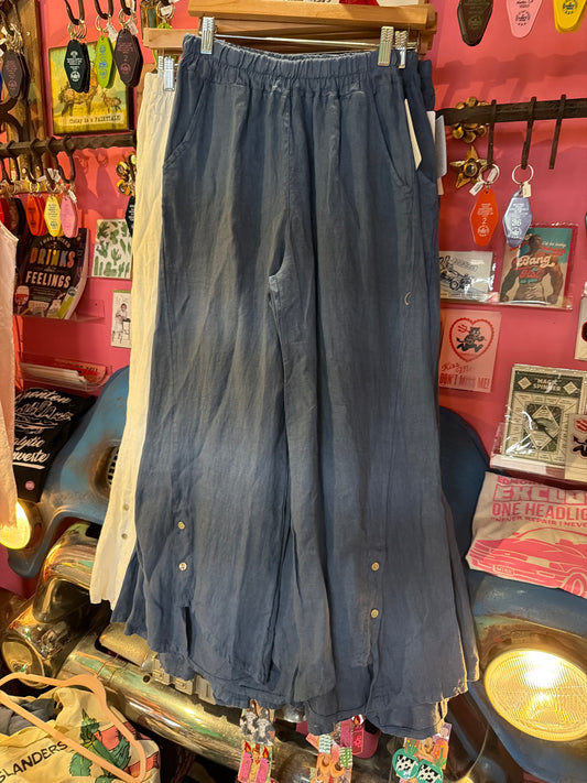 Slate Blue Linen Palazzo Pants with Buttons on ankle