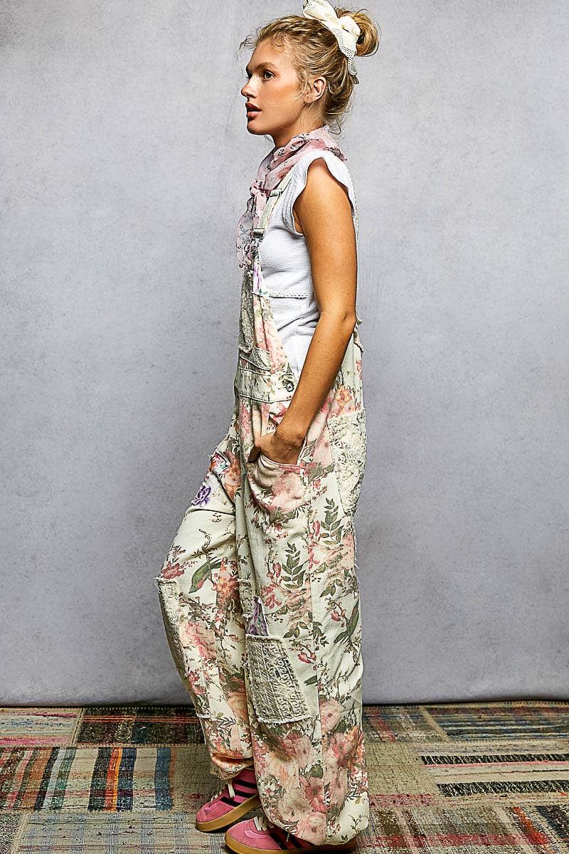 Printed Lace Patch Trim Strap Relaxed Fit Jogger Overalls