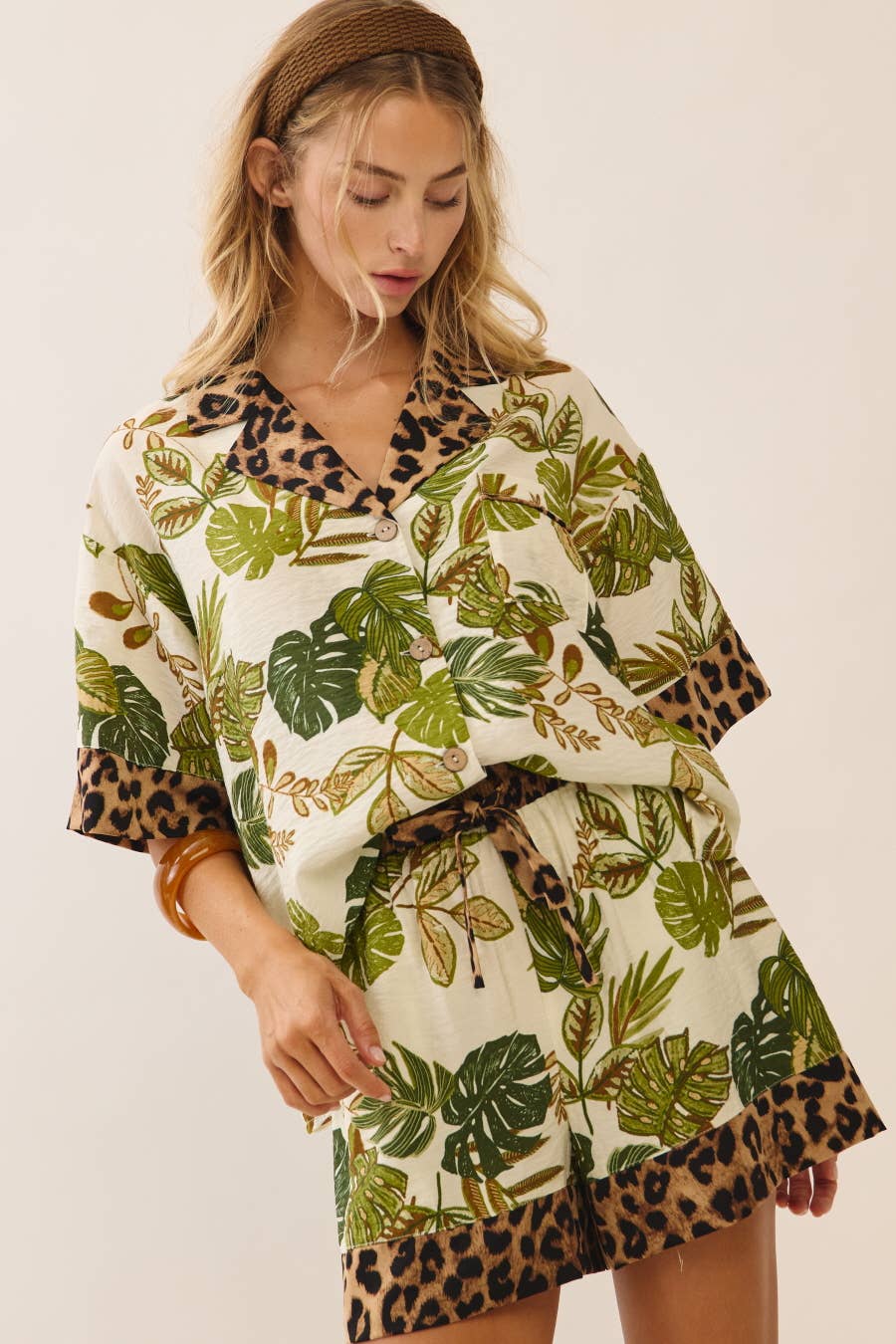 Palm and Leopard Button-up Top Matching Shorts Set