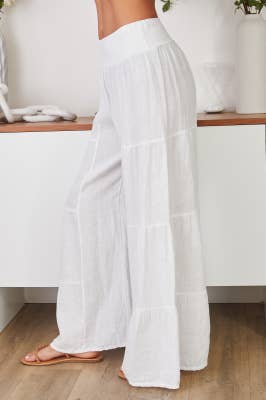 WHITE LINEN TIERED PALAZZO PANT