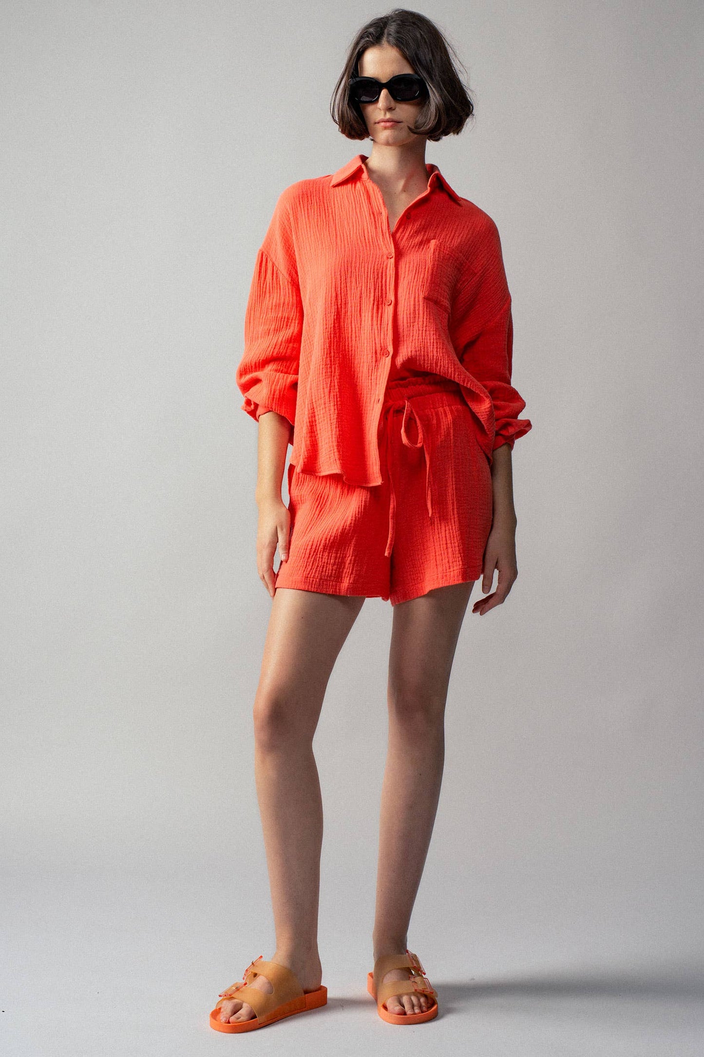 Coral Crinkle Cotton Gauze Resort Button-Up Set