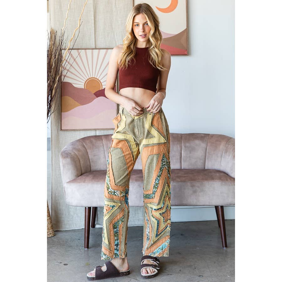 WASHED STAR PATCHWORK MIX MEDIA PANTS