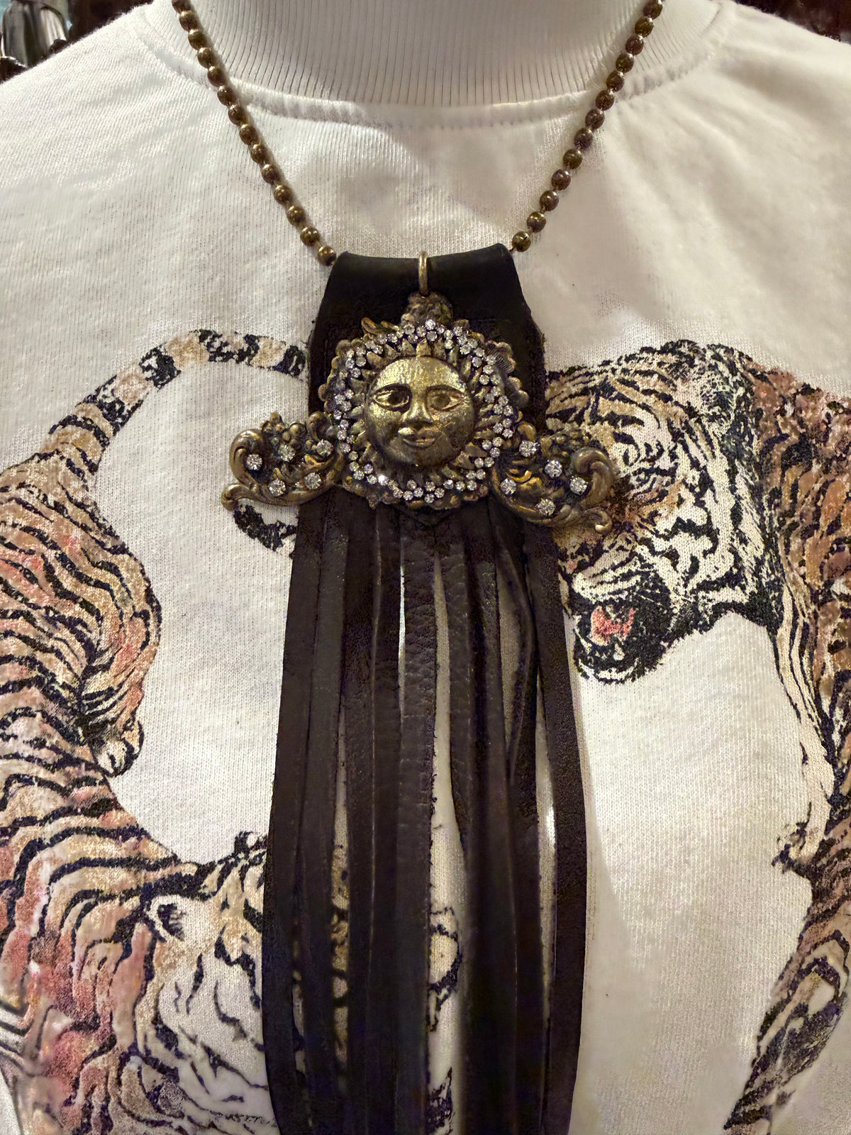 Vintage Crystal Leather Moon Necklace
