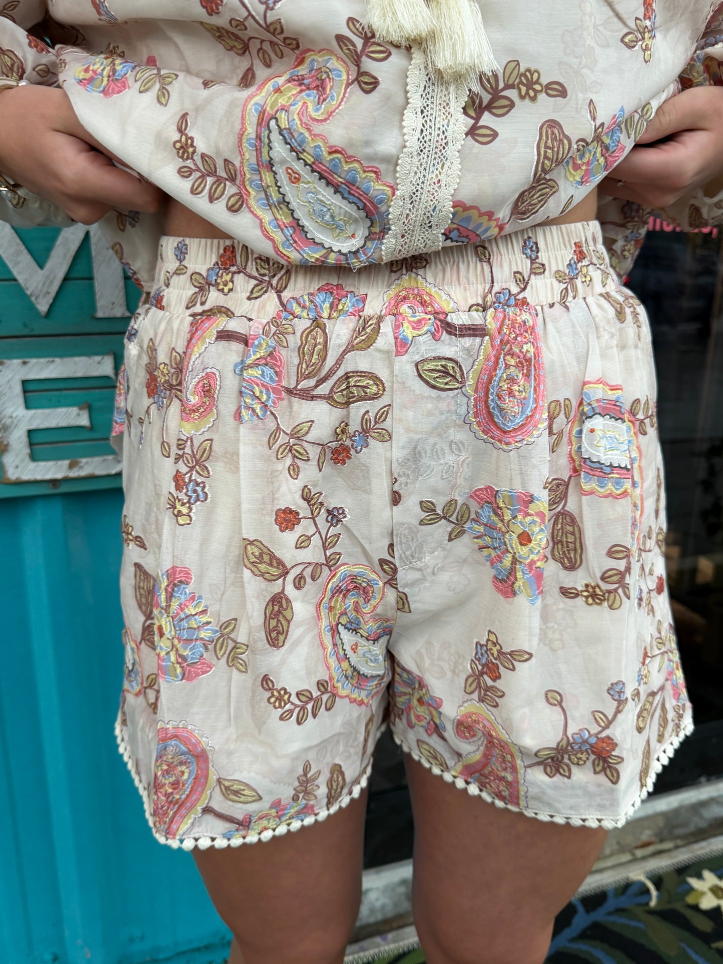 Boho Colorful Paisley Embroidered Smocked Shorts