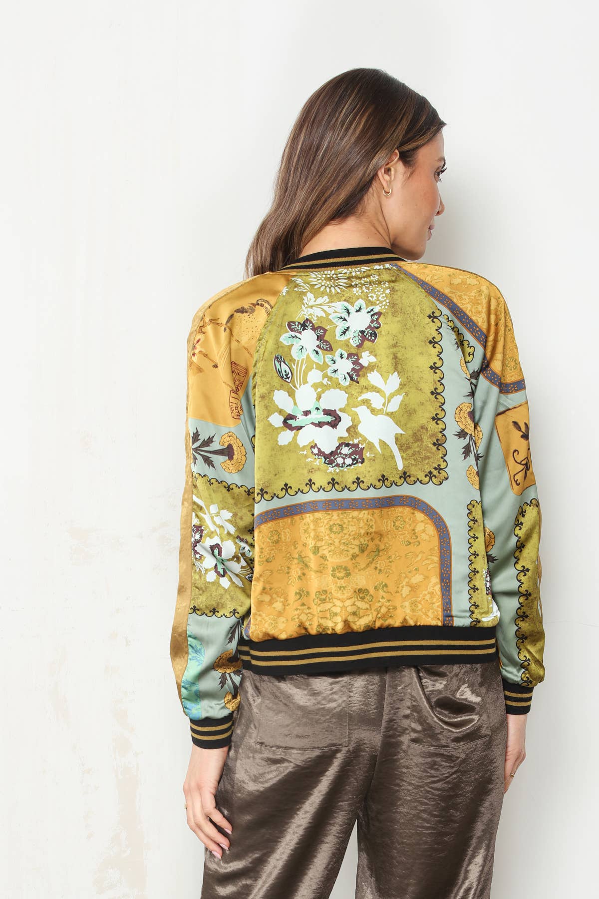 PRE ORDER AUG 7-12 Reversible Patchwork Hammered Satin Bomber Jacket