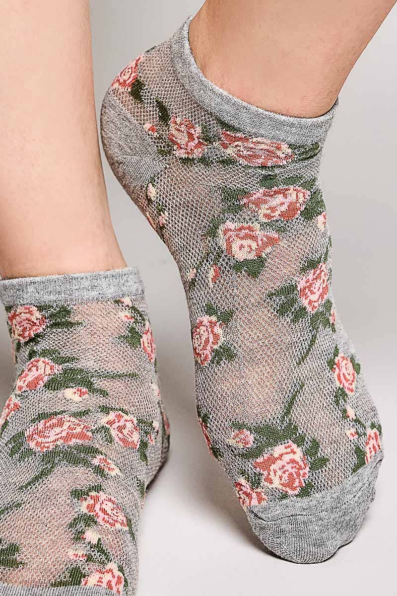 Allover Floral Print Classic Ribbed Cuff Knit Crew Socks