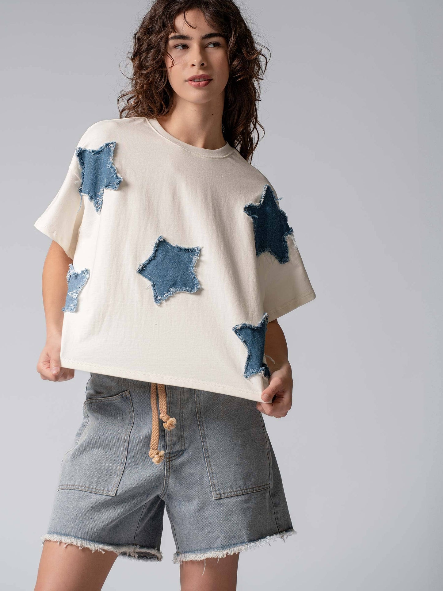 Distressed Denim Star Appliqué Cotton Tee