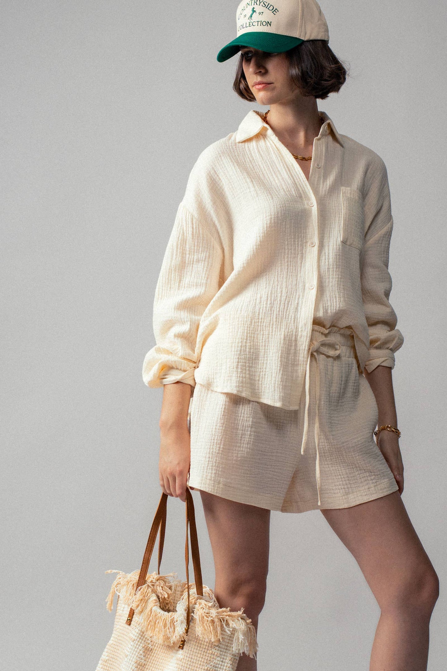 Cream Crinkle Cotton Gauze Resort Button-Up Set