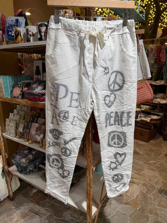 Peace Sign Crinkle Skinny Leg Pants