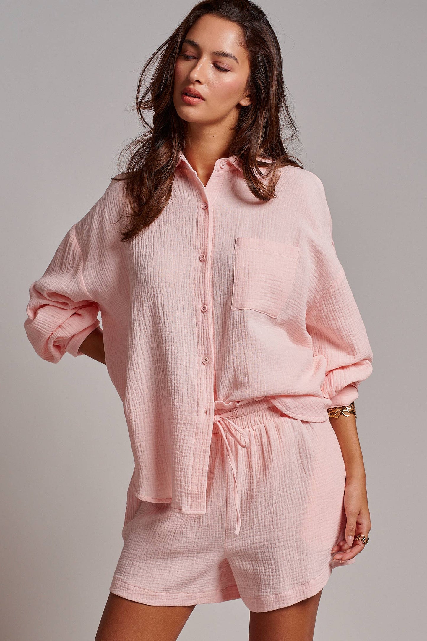 Pink Crinkle Cotton Gauze Resort Button-Up Set